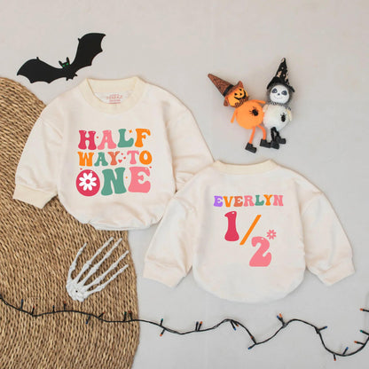 Personalized Retro 6 Month Baby Girl Romper, Halfway to One Bodysuit, Everlyn Name Custom Outfit, 70s Style Milestone Photo Gift