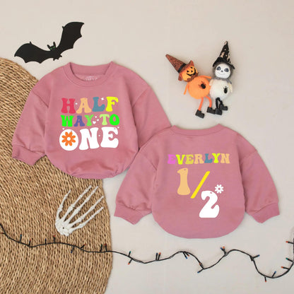 Personalized Retro 6 Month Baby Girl Romper, Halfway to One Bodysuit, Everlyn Name Custom Outfit, 70s Style Milestone Photo Gift