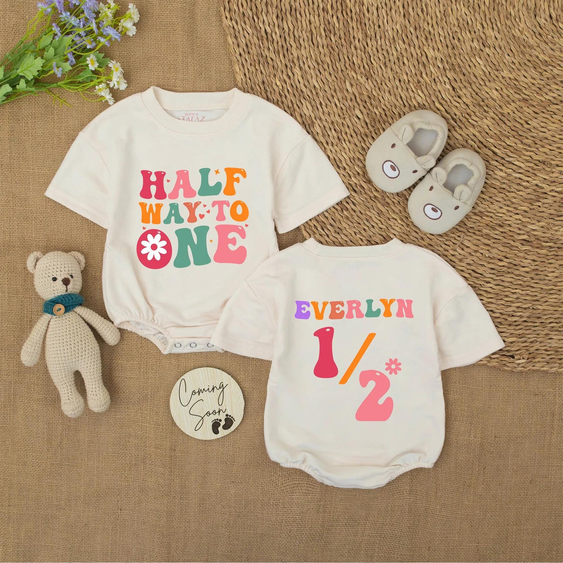 Personalized Retro 6 Month Baby Girl Romper, Halfway to One Bodysuit, Everlyn Name Custom Outfit, 70s Style Milestone Photo Gift