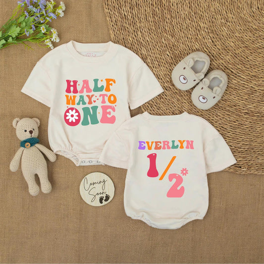 Personalized Retro 6 Month Baby Girl Romper, Halfway to One Bodysuit, Everlyn Name Custom Outfit, 70s Style Milestone Photo Gift