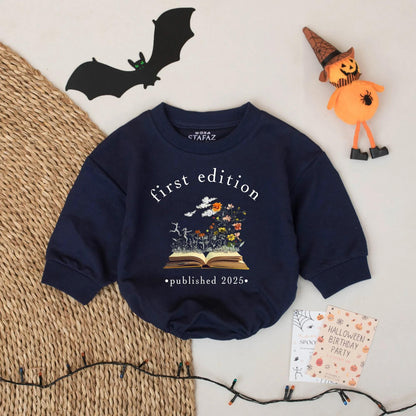 First Edition Baby Romper Published 2025 Whimsical Bookish Design Gold Brown Flowers Newborn Reader Outfit Baby Shower Gift
