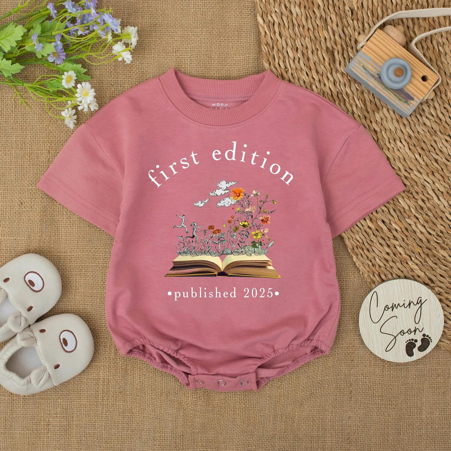 First Edition Baby Romper Published 2025 Whimsical Bookish Design Gold Brown Flowers Newborn Reader Outfit Baby Shower Gift