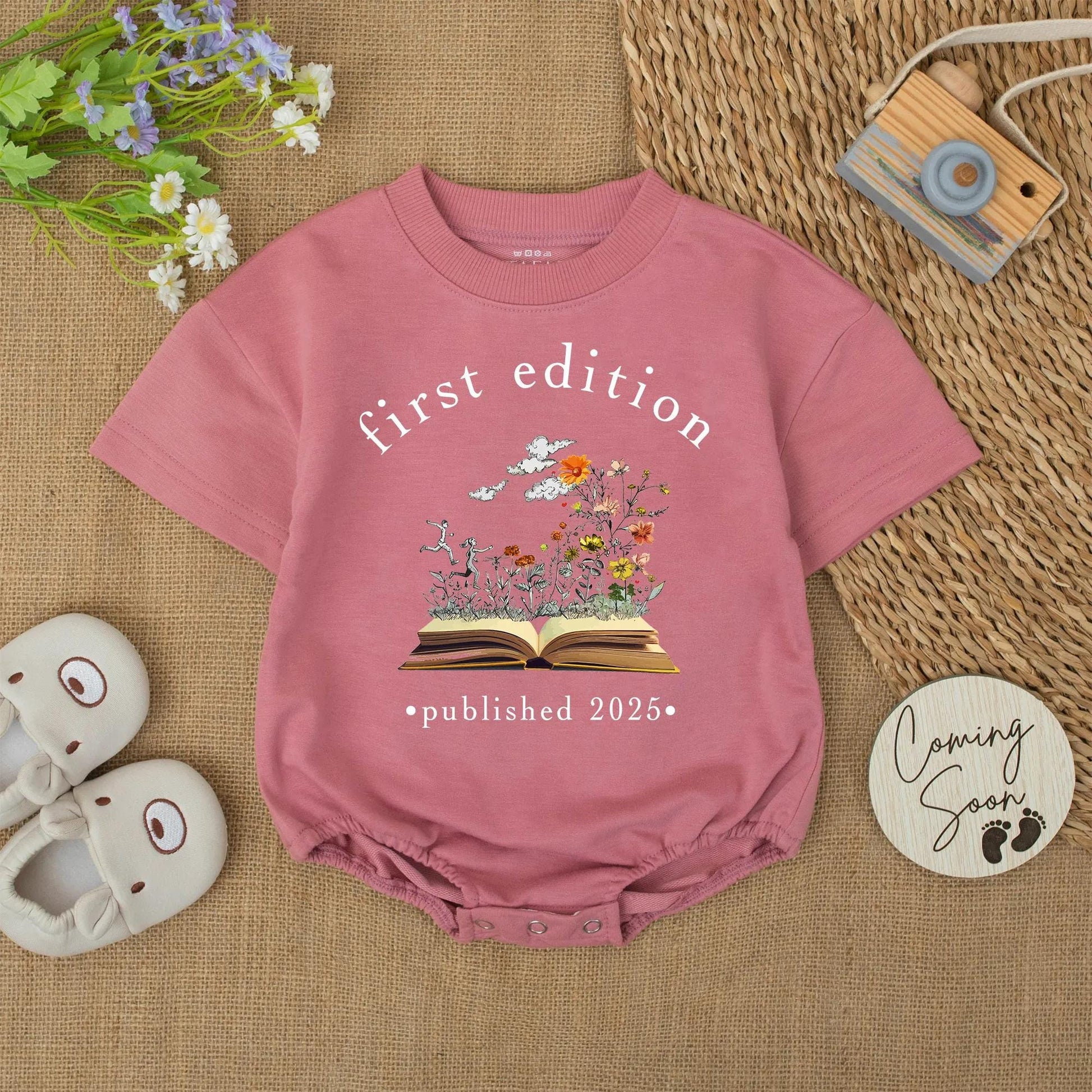 First Edition Baby Romper Published 2025 Whimsical Bookish Design Gold Brown Flowers Newborn Reader Outfit Baby Shower Gift