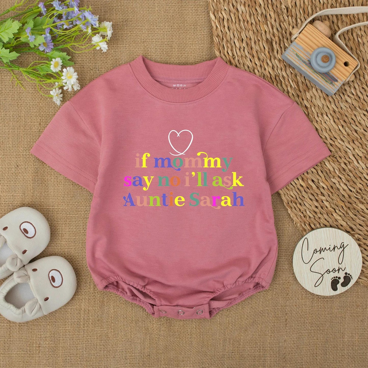 If Mommy Says No Ask Auntie Sarah Outfit Cute Baby Bodysuit with Red Heart Graphic Fun Colorful Text Baby Shower Gift for Aunt Newborn