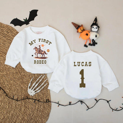 My First Rodeo Baby Bodysuit, Personalized Cowboy 1st Birthday Outfit, Western Romper with Name LUCAS, Country Baby Shower Gift Brown and Orange 135