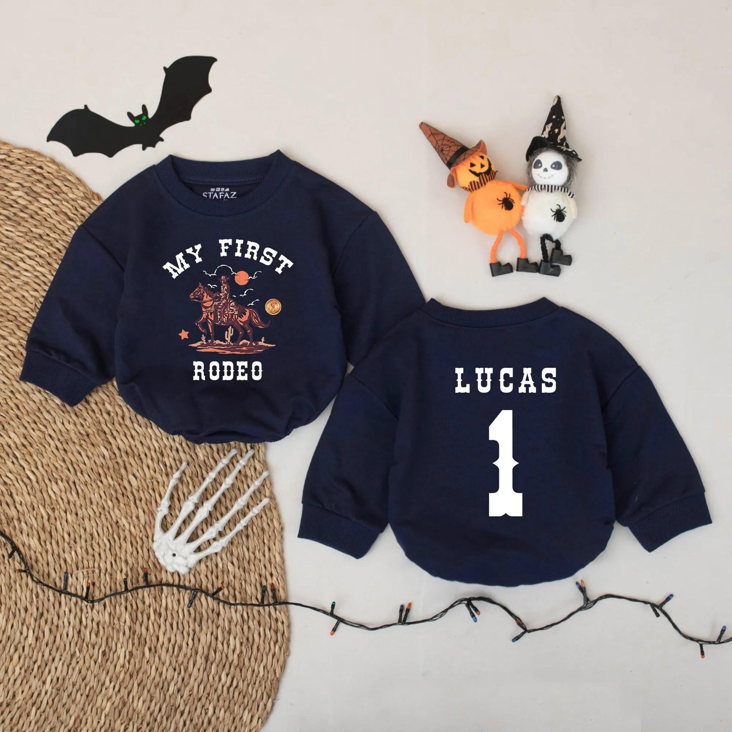 My First Rodeo Baby Bodysuit, Personalized Cowboy 1st Birthday Outfit, Western Romper with Name LUCAS, Country Baby Shower Gift Brown and Orange 135