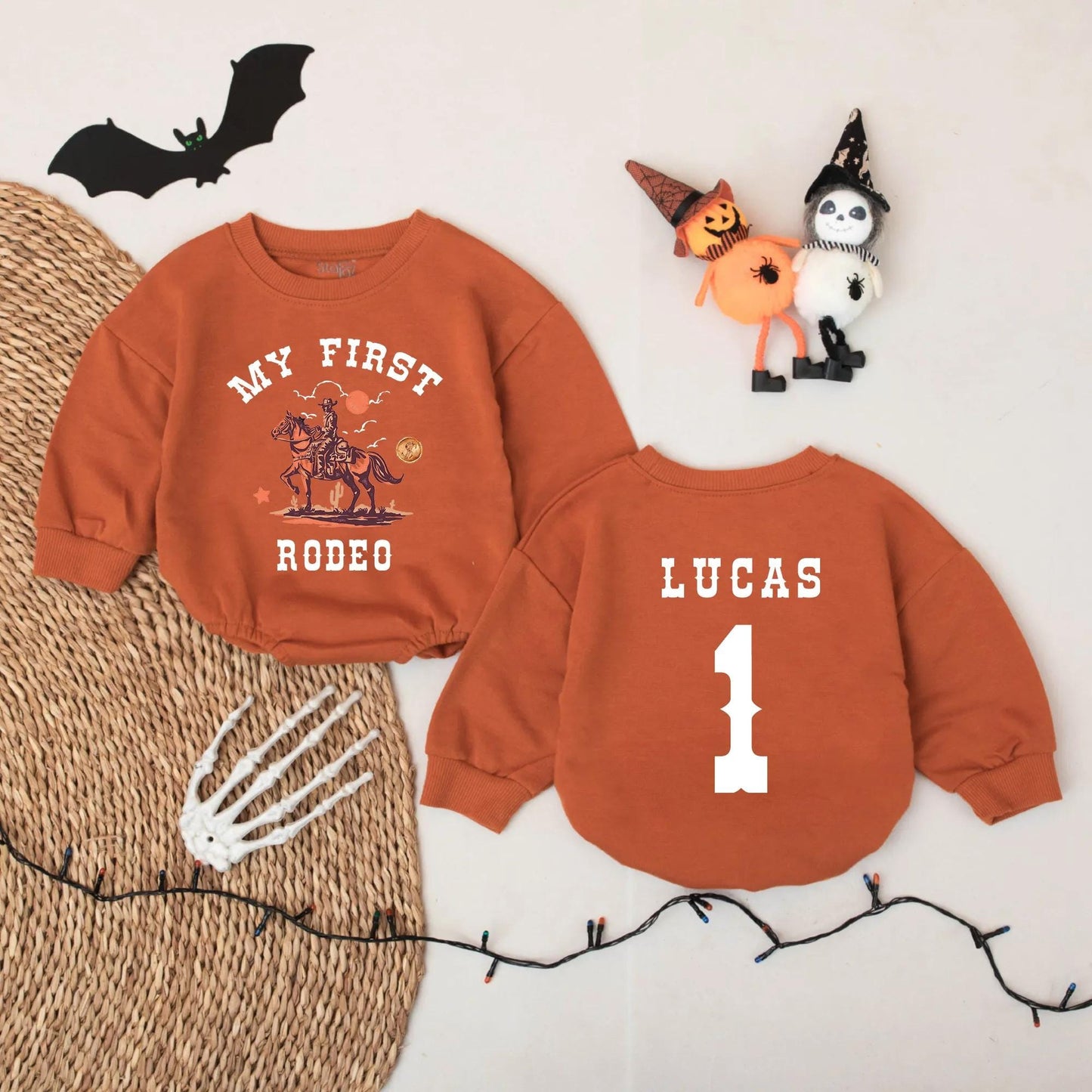 My First Rodeo Baby Bodysuit, Personalized Cowboy 1st Birthday Outfit, Western Romper with Name LUCAS, Country Baby Shower Gift Brown and Orange 135