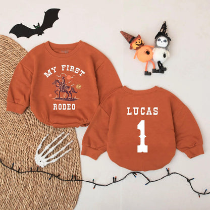 My First Rodeo Baby Bodysuit, Personalized Cowboy 1st Birthday Outfit, Western Romper with Name LUCAS, Country Baby Shower Gift Brown and Orange 135
