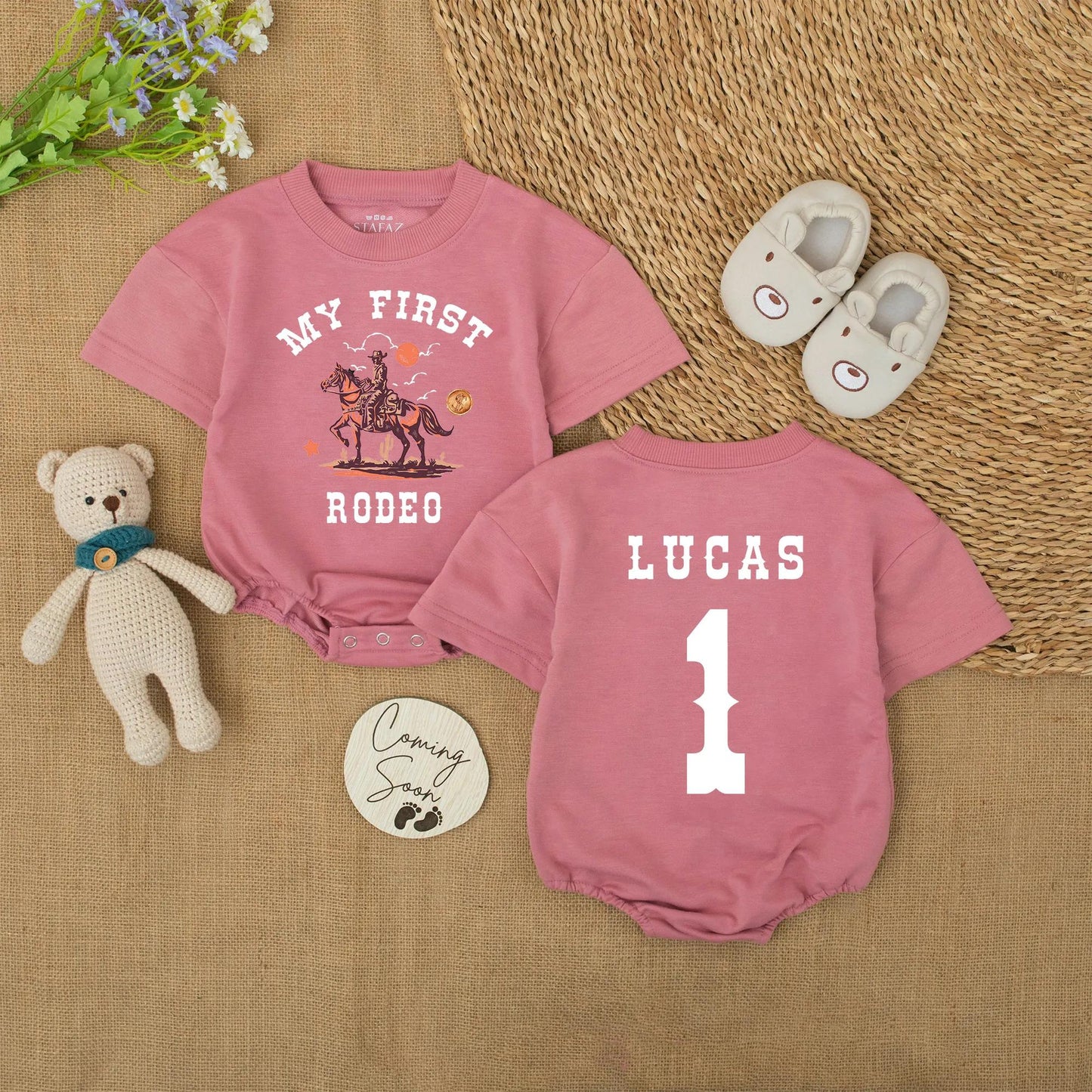My First Rodeo Baby Bodysuit, Personalized Cowboy 1st Birthday Outfit, Western Romper with Name LUCAS, Country Baby Shower Gift Brown and Orange 135