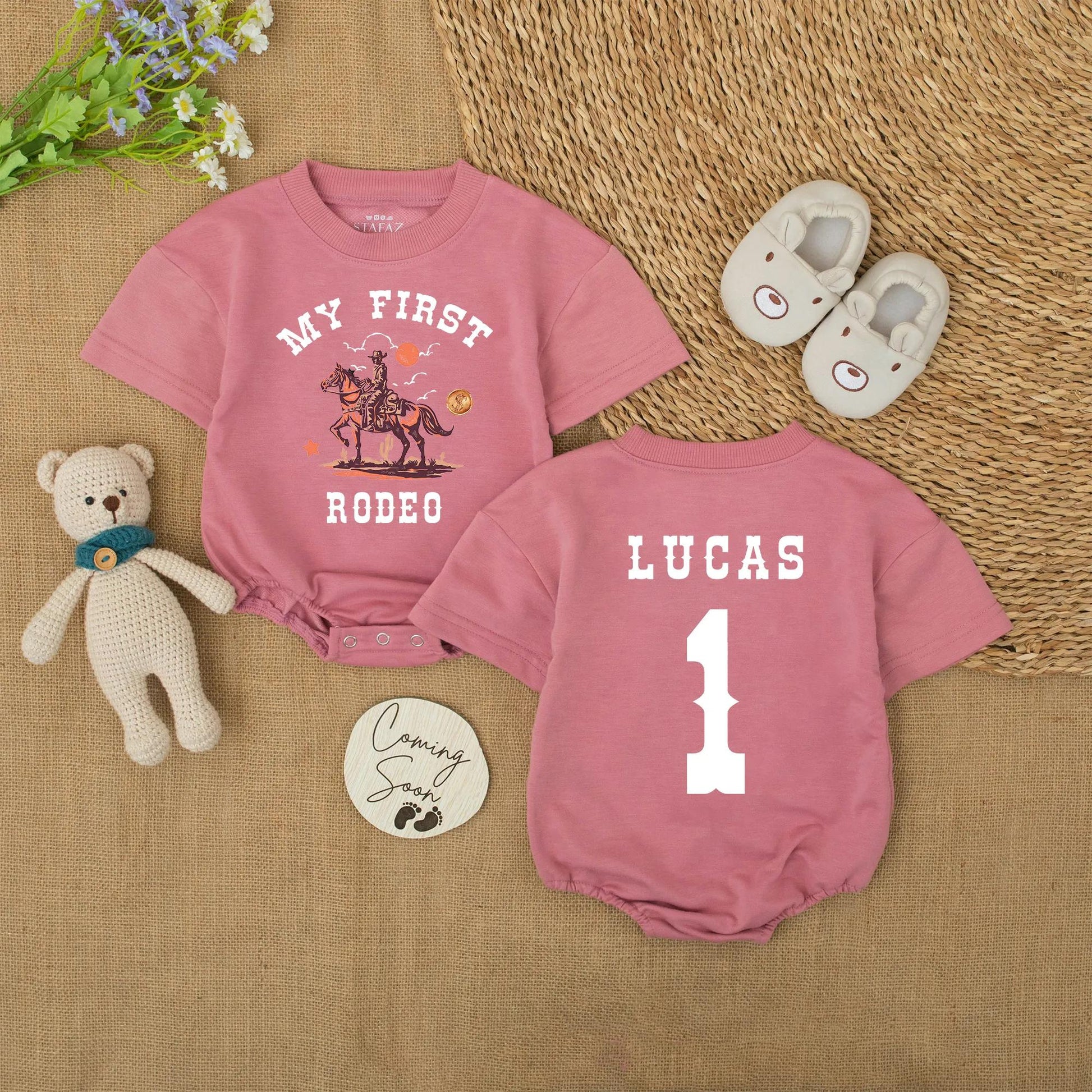 My First Rodeo Baby Bodysuit, Personalized Cowboy 1st Birthday Outfit, Western Romper with Name LUCAS, Country Baby Shower Gift Brown and Orange 135