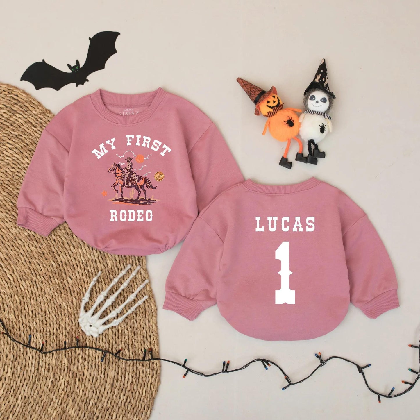 My First Rodeo Baby Bodysuit, Personalized Cowboy 1st Birthday Outfit, Western Romper with Name LUCAS, Country Baby Shower Gift Brown and Orange 135