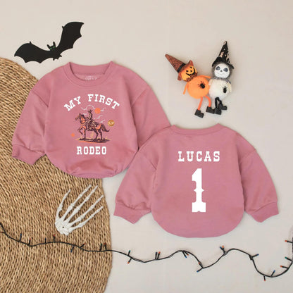 My First Rodeo Baby Bodysuit, Personalized Cowboy 1st Birthday Outfit, Western Romper with Name LUCAS, Country Baby Shower Gift Brown and Orange 135