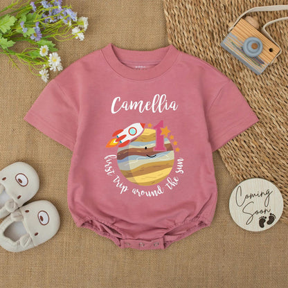 First Trip Around the Sun Baby Romper Custom Name 1st Birthday Outfit Rocket Planet Girl Bodysuit Camellia's First Year Gift