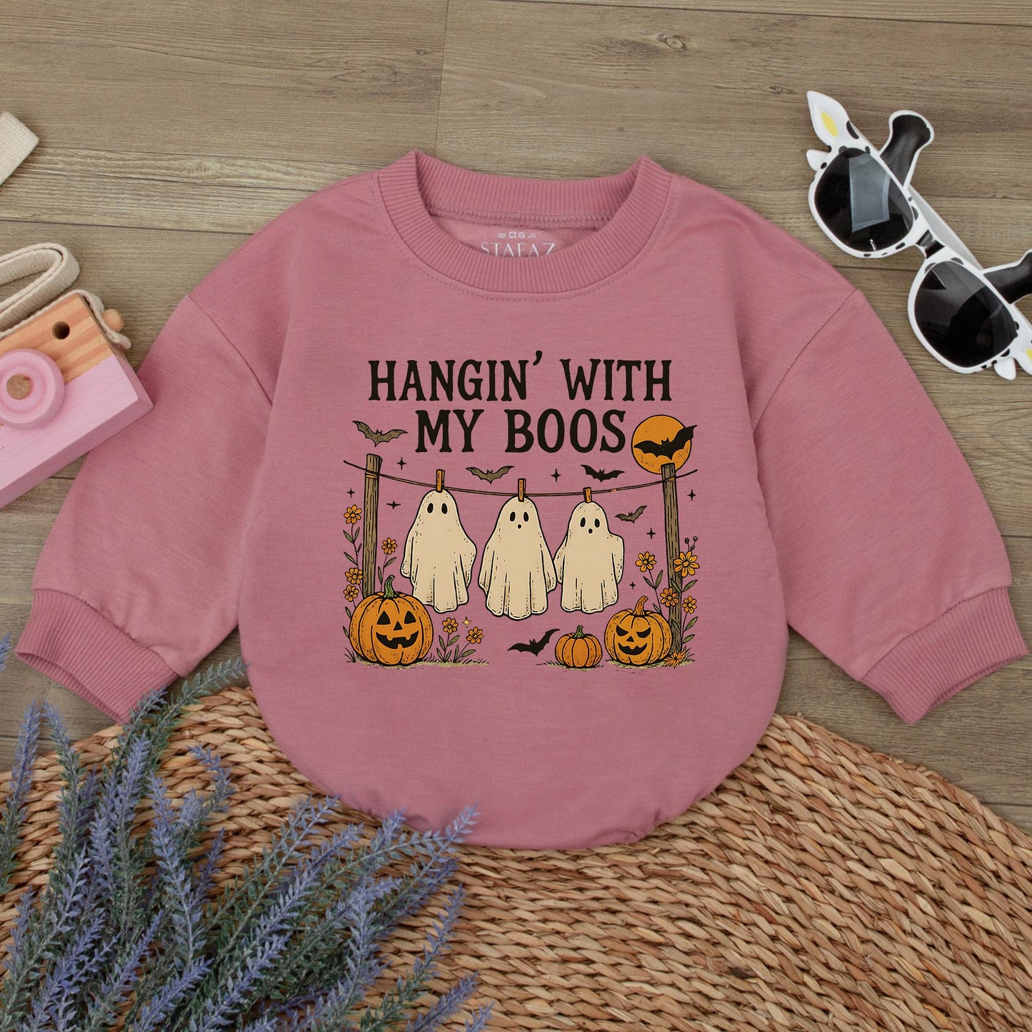 Hangin' With My Boos Halloween Romper Funny Ghost Baby Outfit, Pumpkin Bat Design, Autumn Colors Bodysuit, Cute Spooky Season Gift (138 chars)