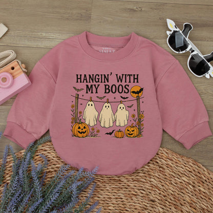 Hangin' With My Boos Halloween Romper Funny Ghost Baby Outfit, Pumpkin Bat Design, Autumn Colors Bodysuit, Cute Spooky Season Gift (138 chars)