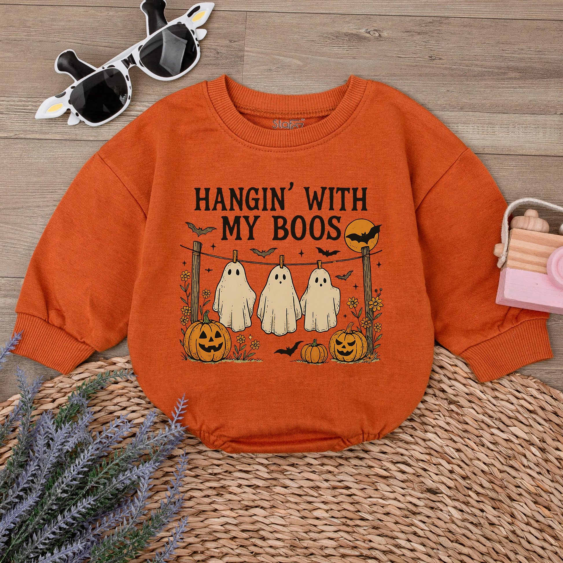 Hangin' With My Boos Halloween Romper Funny Ghost Baby Outfit, Pumpkin Bat Design, Autumn Colors Bodysuit, Cute Spooky Season Gift (138 chars)
