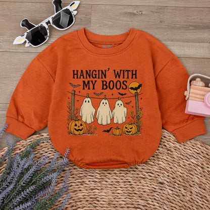 Hangin' With My Boos Halloween Romper Funny Ghost Baby Outfit, Pumpkin Bat Design, Autumn Colors Bodysuit, Cute Spooky Season Gift (138 chars)