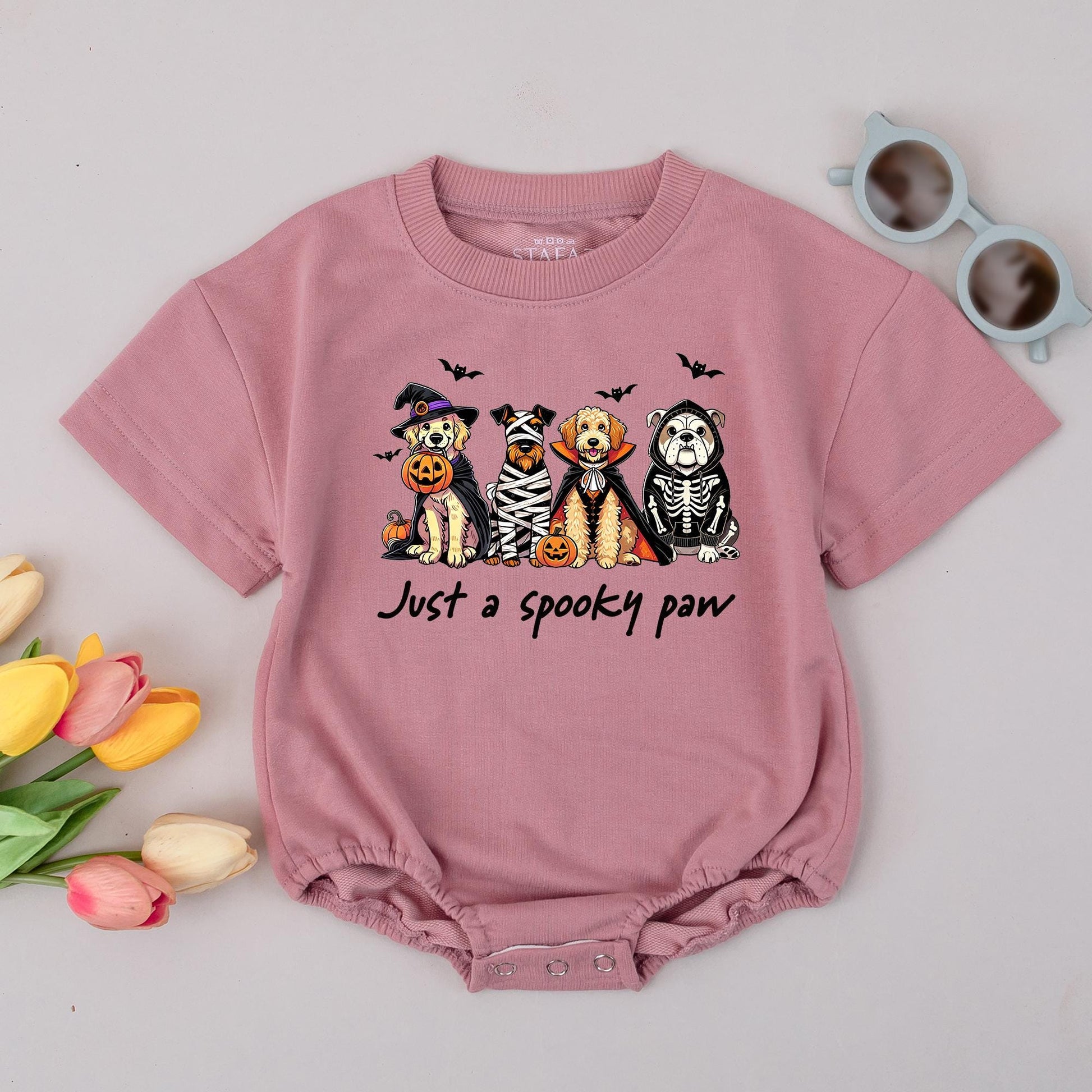 Spooky Paw Baby Romper Sweatshirt with Funny Dog Halloween Costume Design featuring Witch Mummy Vampire Skeleton Pups & Pumpkins for Fall Baby Boy Girl Gift