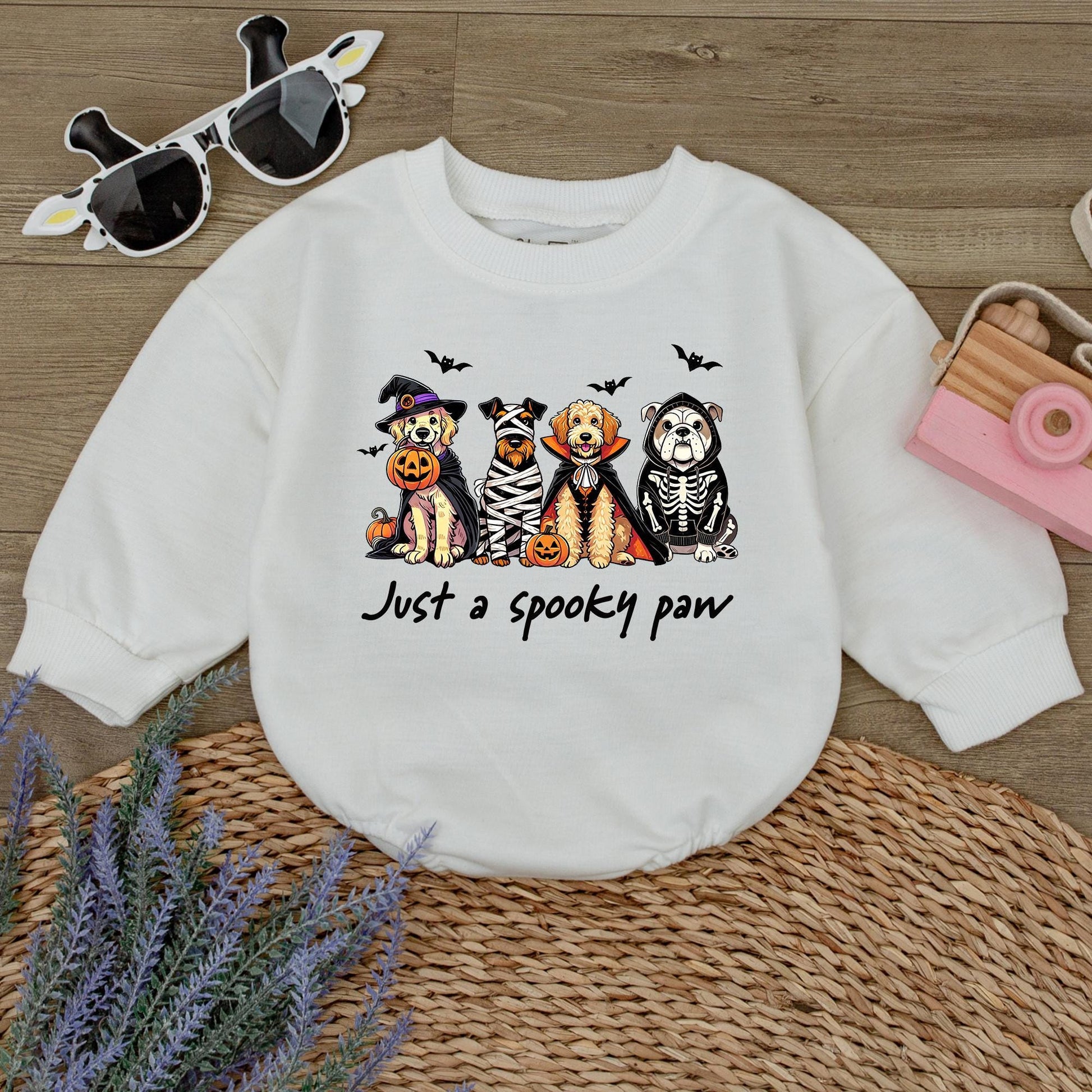 Spooky Paw Baby Romper Sweatshirt with Funny Dog Halloween Costume Design featuring Witch Mummy Vampire Skeleton Pups & Pumpkins for Fall Baby Boy Girl Gift
