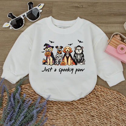 Spooky Paw Baby Romper Sweatshirt with Funny Dog Halloween Costume Design featuring Witch Mummy Vampire Skeleton Pups & Pumpkins for Fall Baby Boy Girl Gift