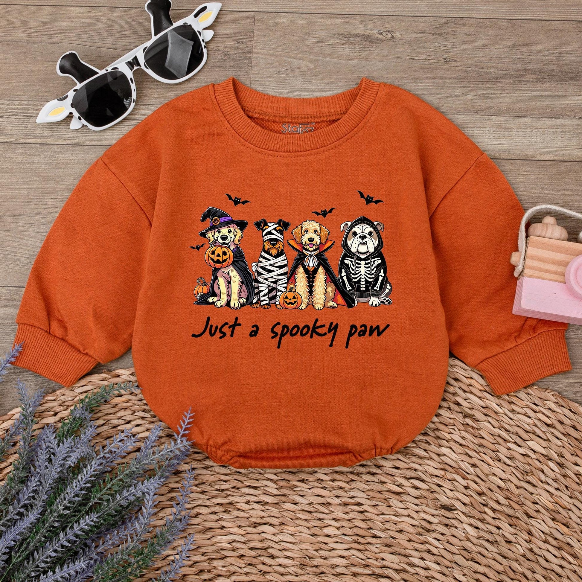 Spooky Paw Baby Romper Sweatshirt with Funny Dog Halloween Costume Design featuring Witch Mummy Vampire Skeleton Pups & Pumpkins for Fall Baby Boy Girl Gift