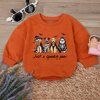 Spooky Paw Baby Romper Sweatshirt with Funny Dog Halloween Costume Design featuring Witch Mummy Vampire Skeleton Pups & Pumpkins for Fall Baby Boy Girl Gift