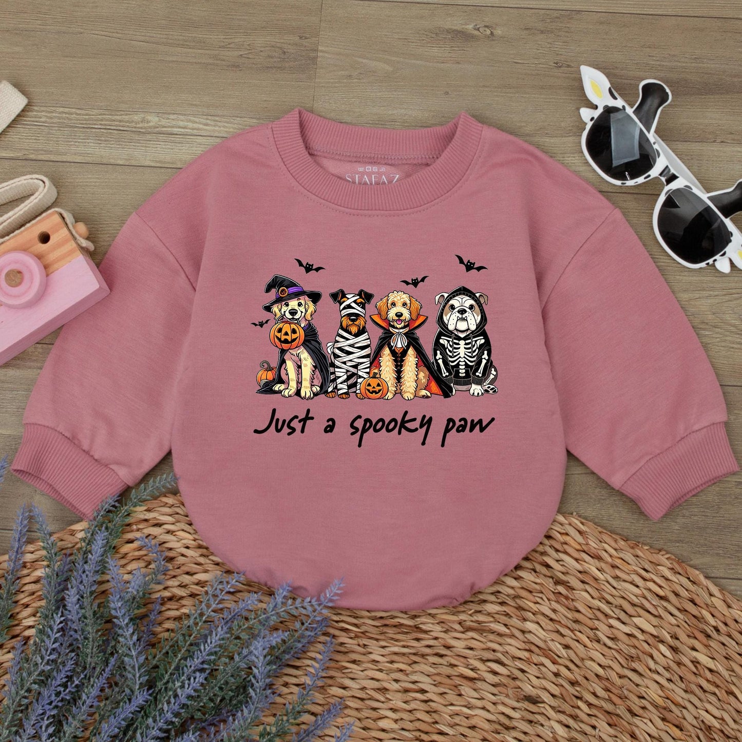 Spooky Paw Baby Romper Sweatshirt with Funny Dog Halloween Costume Design featuring Witch Mummy Vampire Skeleton Pups & Pumpkins for Fall Baby Boy Girl Gift