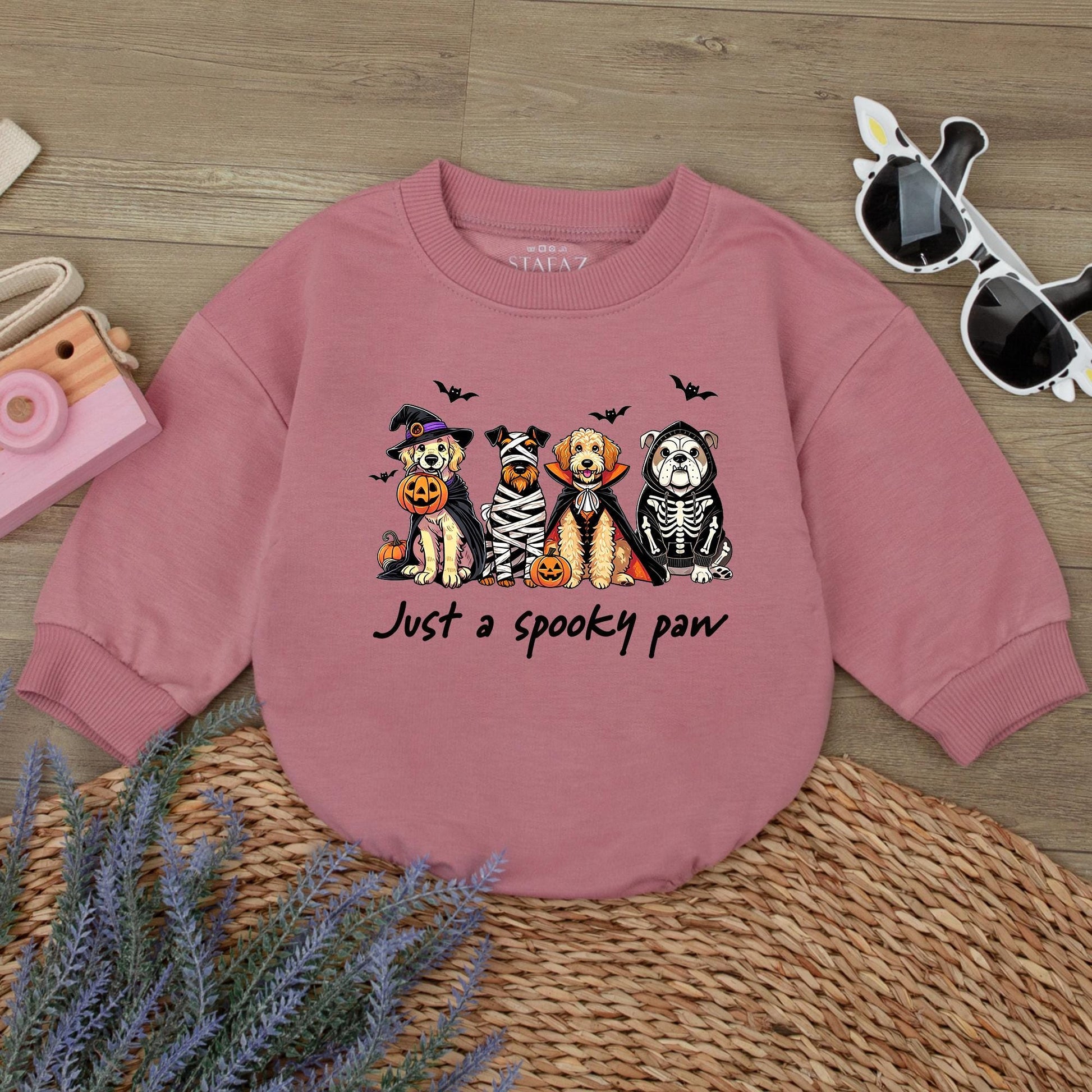 Spooky Paw Baby Romper Sweatshirt with Funny Dog Halloween Costume Design featuring Witch Mummy Vampire Skeleton Pups & Pumpkins for Fall Baby Boy Girl Gift