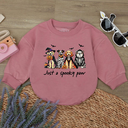 Spooky Paw Baby Romper Sweatshirt with Funny Dog Halloween Costume Design featuring Witch Mummy Vampire Skeleton Pups & Pumpkins for Fall Baby Boy Girl Gift