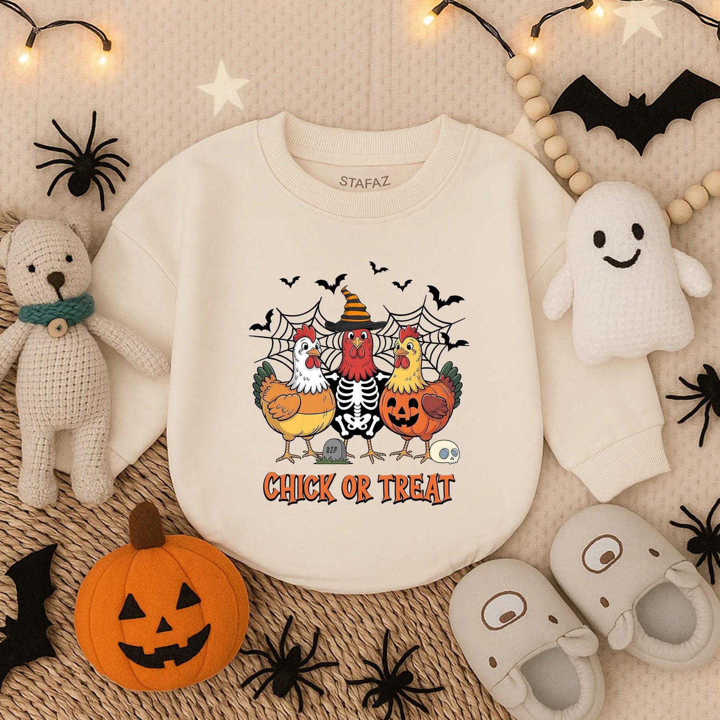Funny Chick or Treat Halloween Baby Bubble Romper with Cartoon Chicken Skeleton Pumpkin Bats Cobwebs Cute Infant Toddler Costume