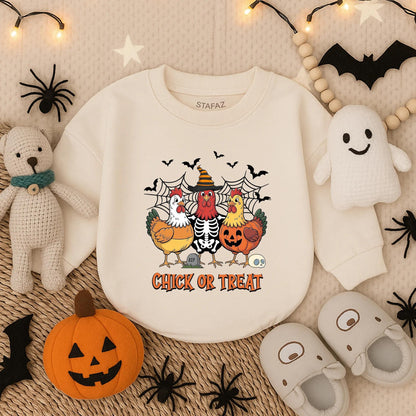 Funny Chick or Treat Halloween Baby Bubble Romper with Cartoon Chicken Skeleton Pumpkin Bats Cobwebs Cute Infant Toddler Costume