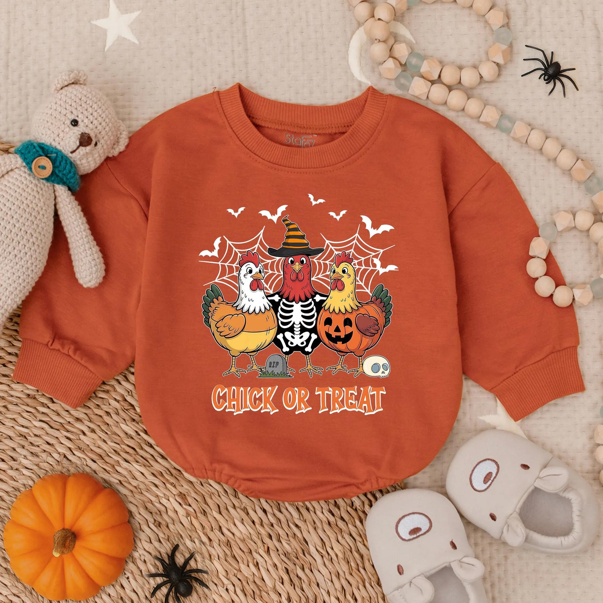 Funny Chick or Treat Halloween Baby Bubble Romper with Cartoon Chicken Skeleton Pumpkin Bats Cobwebs Cute Infant Toddler Costume