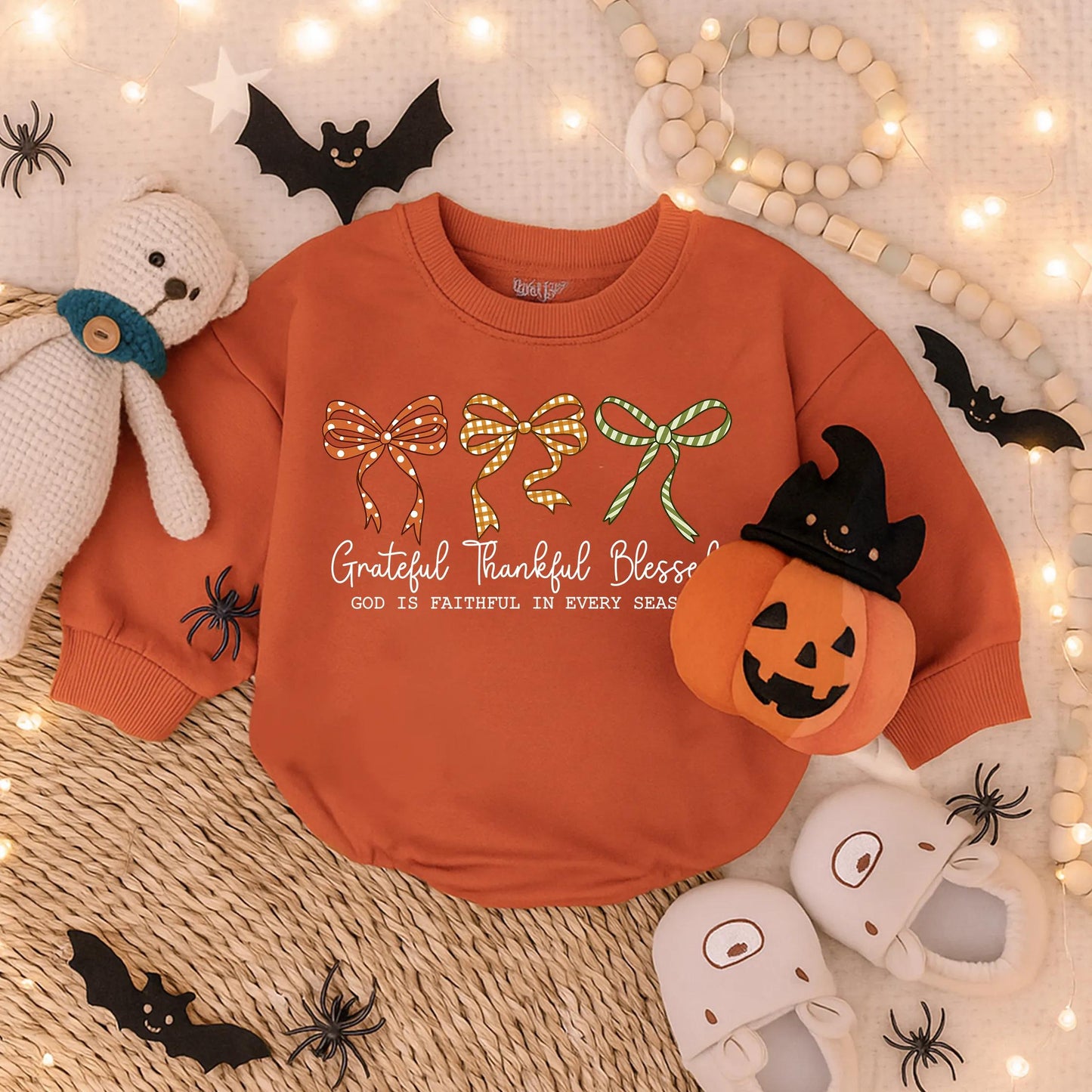 Grateful Thankful Blessed Baby Girl Romper Christian Fall Bubble Outfit Faith Based Autumn Bodysuit with Decorative Bows for Thanksgiving