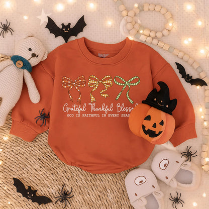 Grateful Thankful Blessed Baby Girl Romper Christian Fall Bubble Outfit Faith Based Autumn Bodysuit with Decorative Bows for Thanksgiving