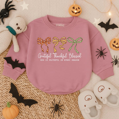 Grateful Thankful Blessed Baby Girl Romper Christian Fall Bubble Outfit Faith Based Autumn Bodysuit with Decorative Bows for Thanksgiving