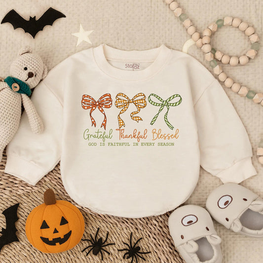 Grateful Thankful Blessed Baby Girl Romper Christian Fall Bubble Outfit Faith Based Autumn Bodysuit with Decorative Bows for Thanksgiving