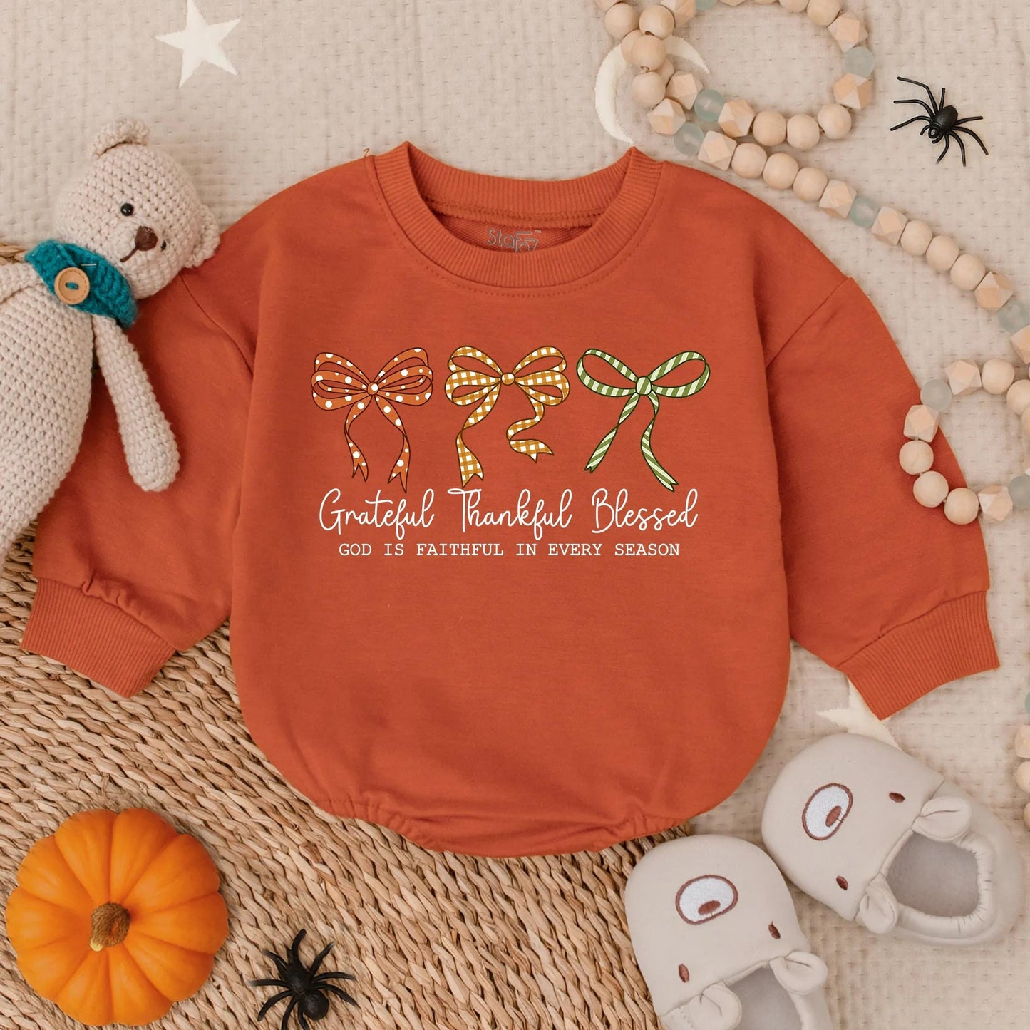 Grateful Thankful Blessed Baby Girl Romper Christian Fall Bubble Outfit Faith Based Autumn Bodysuit with Decorative Bows for Thanksgiving
