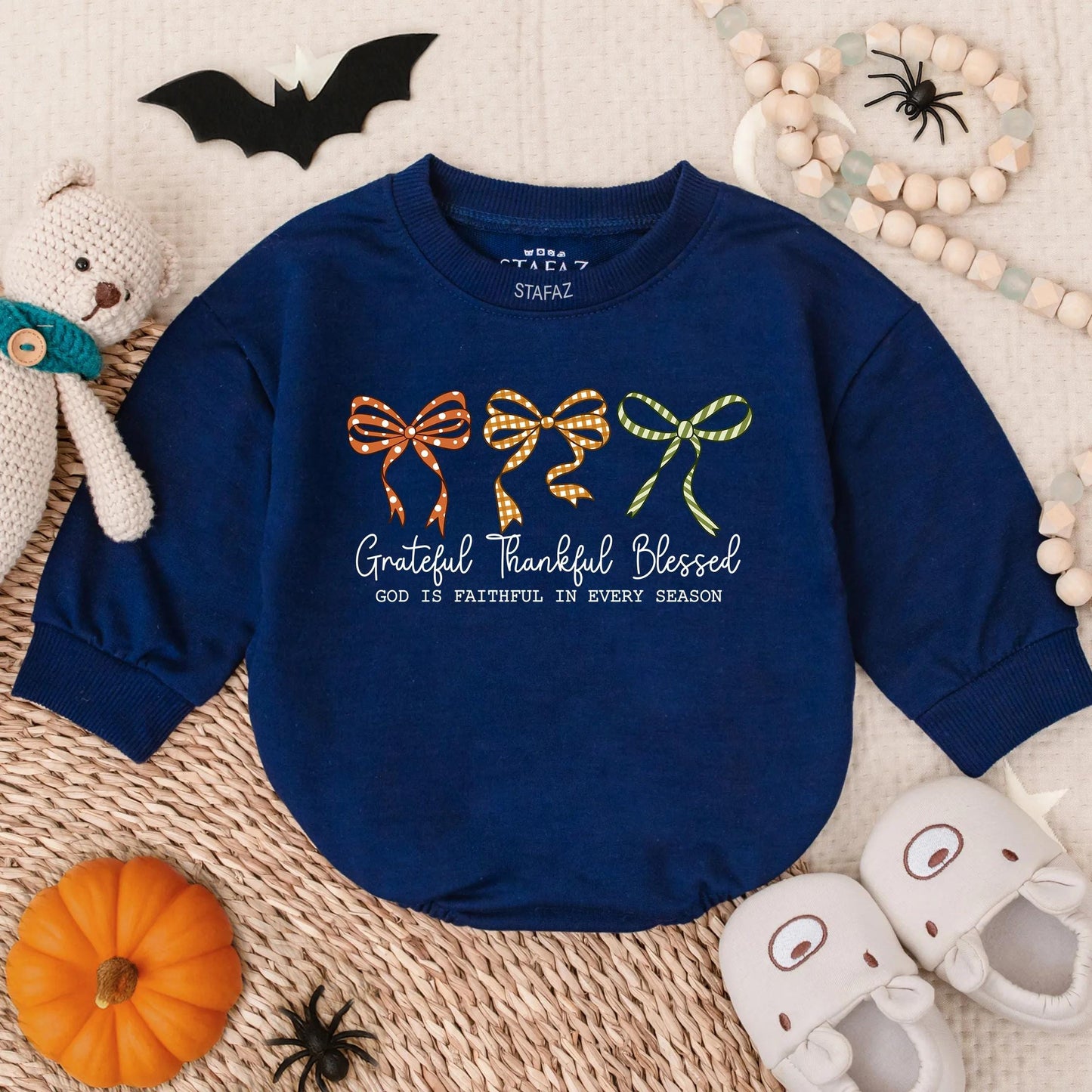 Grateful Thankful Blessed Baby Girl Romper Christian Fall Bubble Outfit Faith Based Autumn Bodysuit with Decorative Bows for Thanksgiving