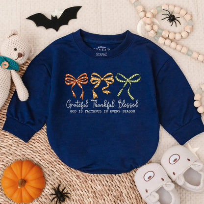 Grateful Thankful Blessed Baby Girl Romper Christian Fall Bubble Outfit Faith Based Autumn Bodysuit with Decorative Bows for Thanksgiving