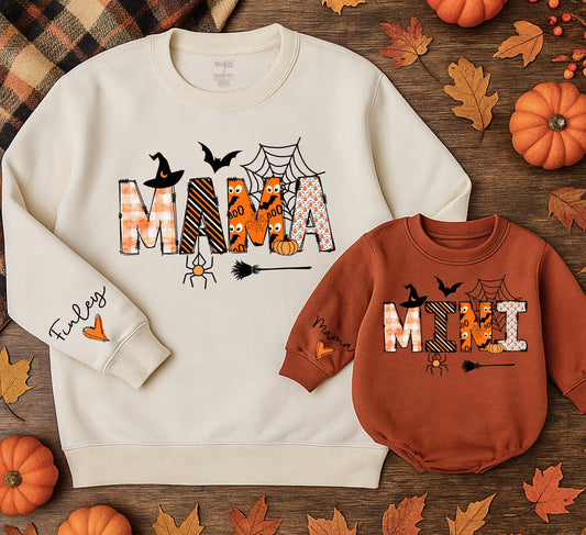 Matching Mama & Mini Halloween Sweatshirts, Pumpkin Party Family Outfits, Custom Baby Romper Gift, Fall Festive Design, Mommy and Me