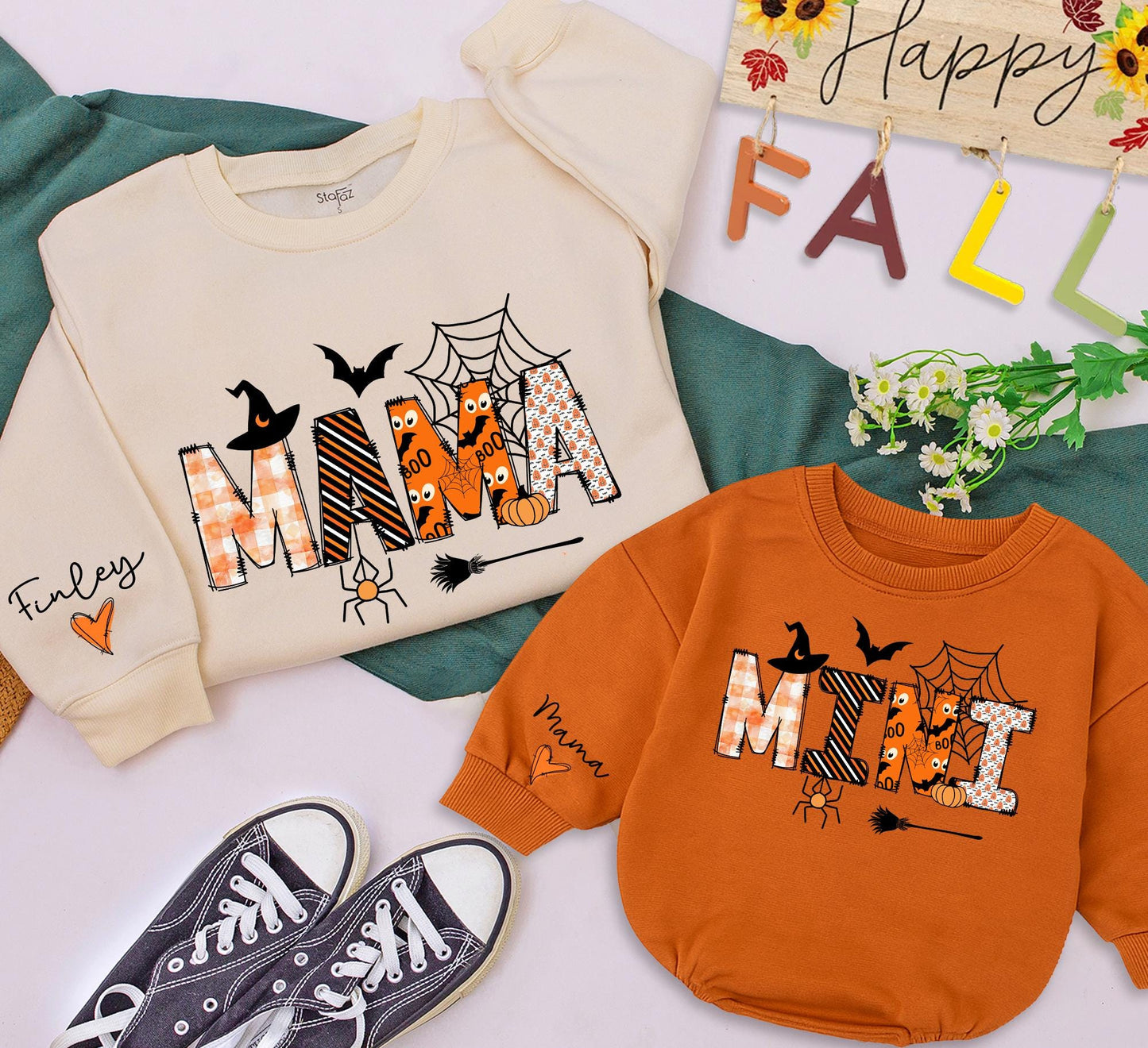 Matching Mama & Mini Halloween Sweatshirts, Pumpkin Party Family Outfits, Custom Baby Romper Gift, Fall Festive Design, Mommy and Me