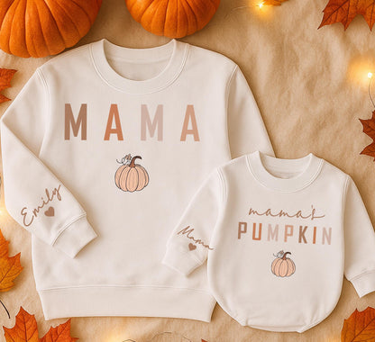 Mama & Pumpkin Matching Fall Sweatshirts, Thanksgiving Outfits, Custom Name Sleeve, Mom & Baby, Earthy Tones, Personalized Kids Shirt Gift (136)