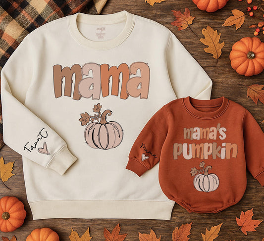 Matching Mama & Me Pumpkin Sweatshirts:  Fall Family Outfit, Mom & Baby Thanksgiving Shirts, Cute Kids' Pullover, Brown Tones, Playful Modern Design (137)