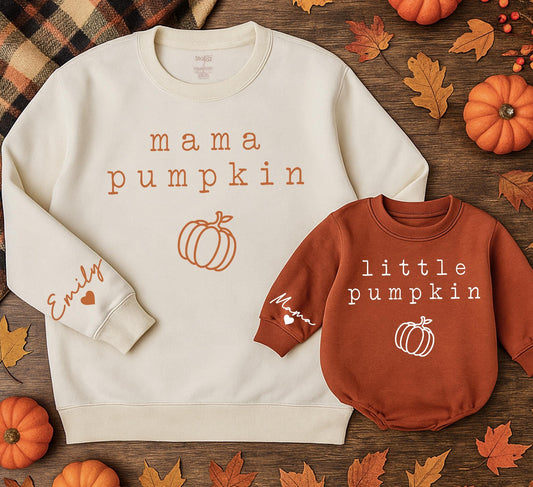 Mama Pumpkin Matching Sweatshirts, Retro Fall Family Outfits, Personalized Emily Sleeve, Mommy and Me Sweaters, Vintage Pumpkin Season Gift 139