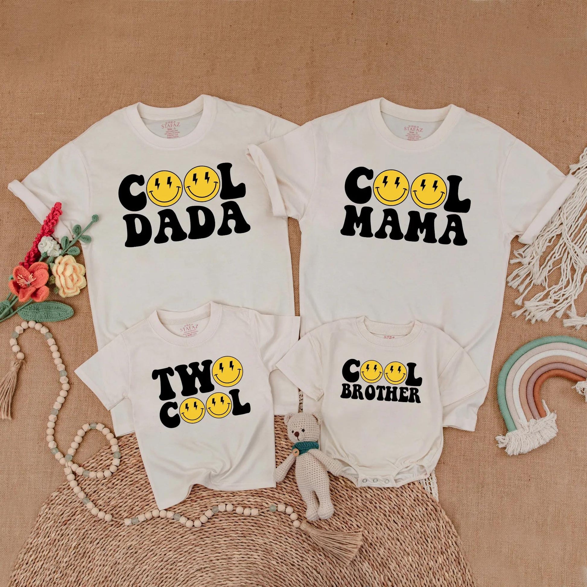 Two Cool Matching Family 2nd Birthday Shirts Yellow Happy Face Lightning Eye Retro Bubble Personalized Titles Soft Cotton Party Outfit