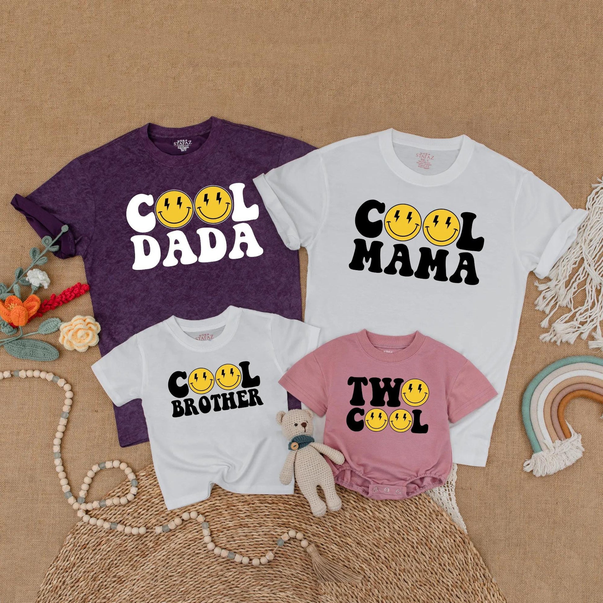 Two Cool Matching Family 2nd Birthday Shirts Yellow Happy Face Lightning Eye Retro Bubble Personalized Titles Soft Cotton Party Outfit