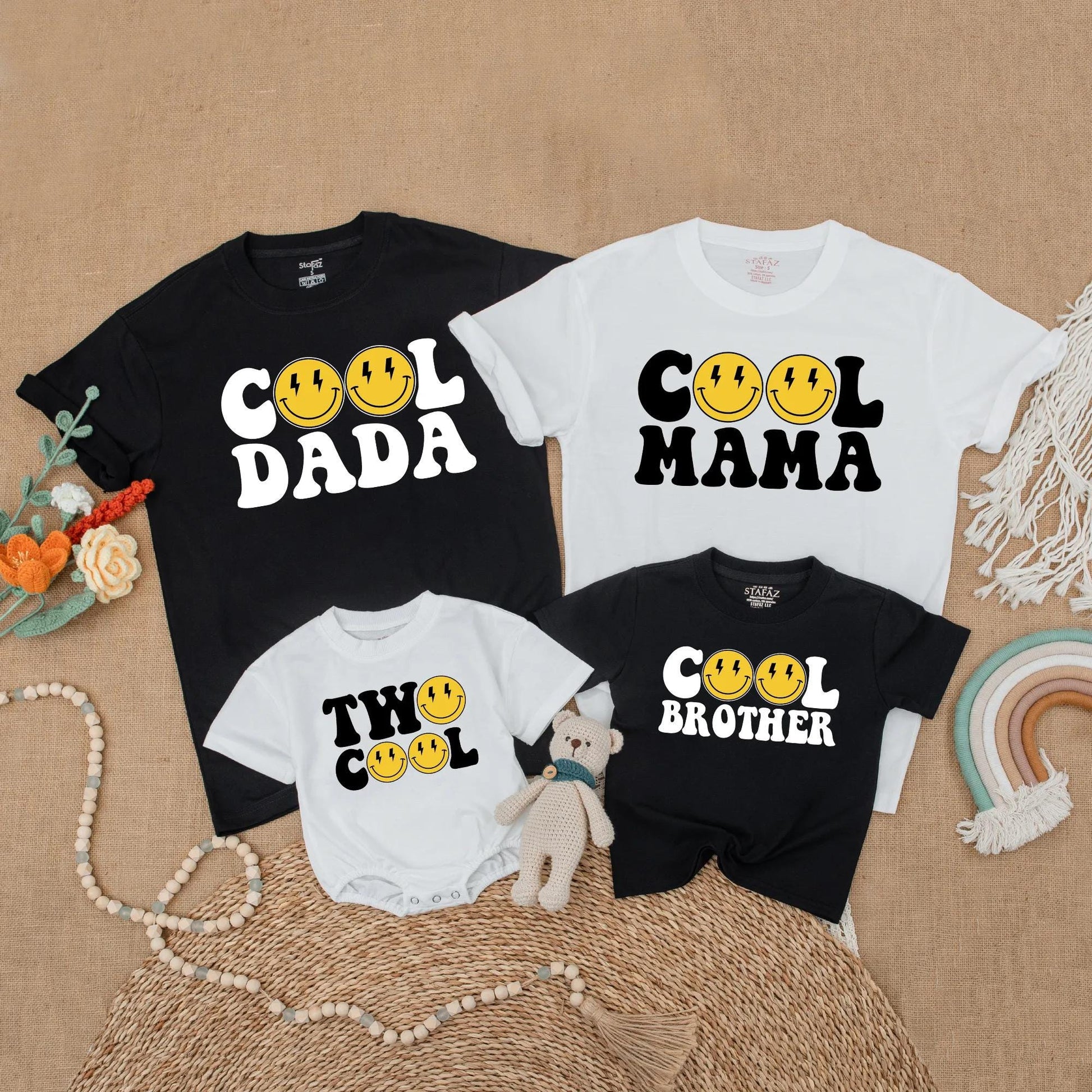 Two Cool Matching Family 2nd Birthday Shirts Yellow Happy Face Lightning Eye Retro Bubble Personalized Titles Soft Cotton Party Outfit