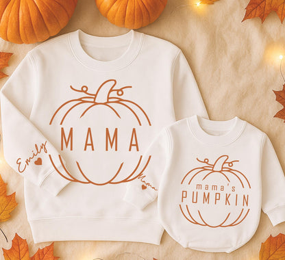 Mama & Mama's Pumpkin Matching Fall Sweatshirts - Personalized with Name & Heart, Mommy and Me Sweaters, Thanksgiving Outfit, Toddler & Kids Gifts (Emily)