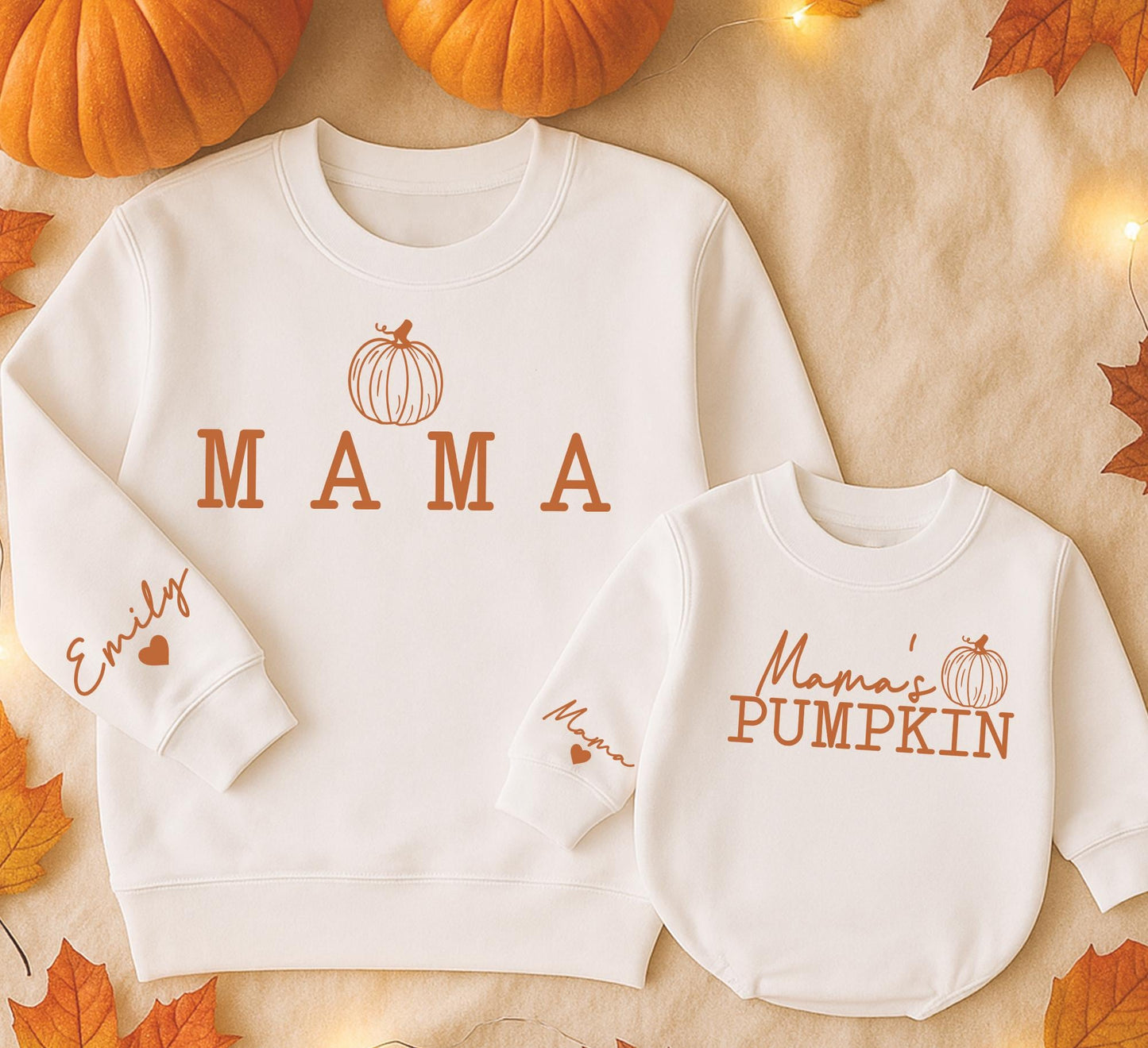 Matching Mama's Pumpkin Fall Sweatshirts Mommy and Me Outfits Mom and Baby Matching Fall Sweaters Custom Name on Sleeve Thanksgiving Gifts