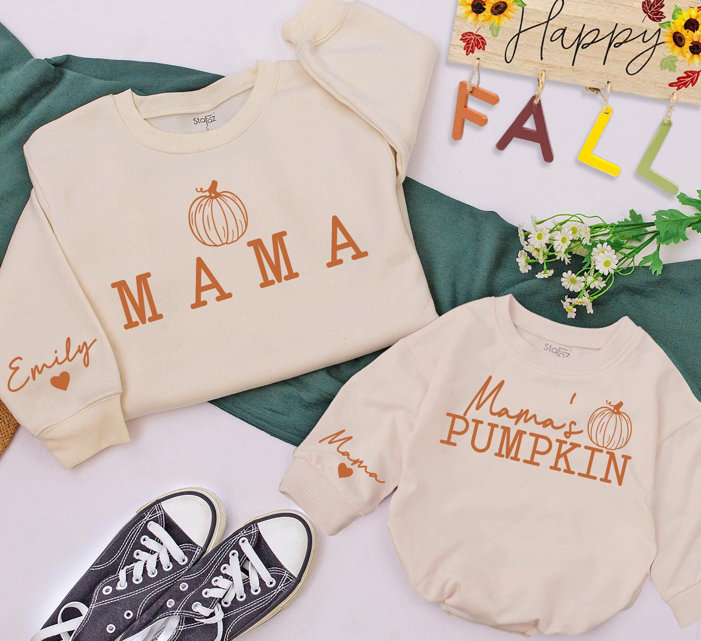 Matching Mama's Pumpkin Fall Sweatshirts Mommy and Me Outfits Mom and Baby Matching Fall Sweaters Custom Name on Sleeve Thanksgiving Gifts